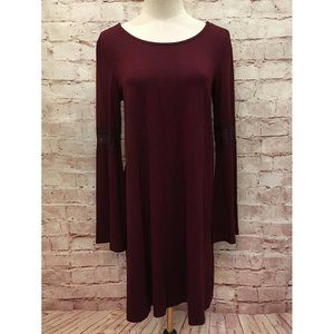 Bershka Womens Burgundy A- Line Shift Dress Long Bell Sleeves Size Medium NEW